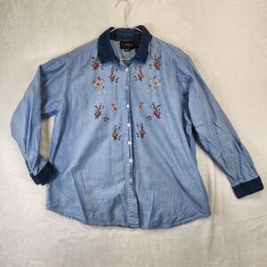 Allure Womens Light Blue Chambray Embroidered Rose Long Sleeve Button Up Shirt